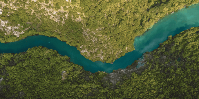 Aerial view of a river and forest, representing sustainable projects supported by talent acquisition efforts