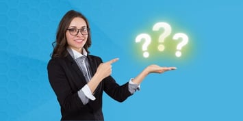 Interviewer posing with glowing question marks, software engineer concept