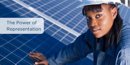 Gender gap: the image shows a woman working on a solar panel