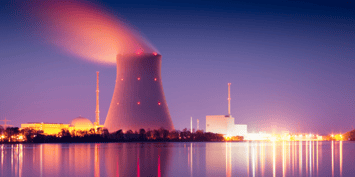 Nuclear power plant at twilight with illuminated cooling tower